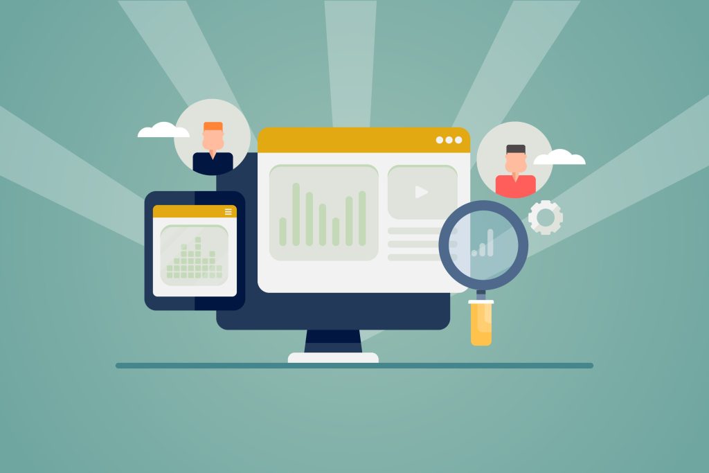 Graphic of a computer monitor and the website popping out of the screen